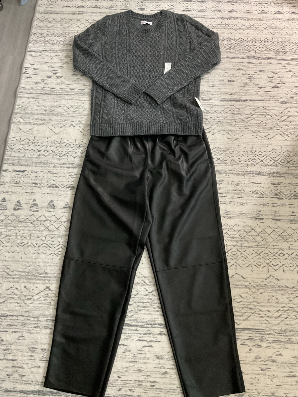 Old Navy Black Faux Leather Pants + Croft & Borrow Gray Cable Knit Sweater